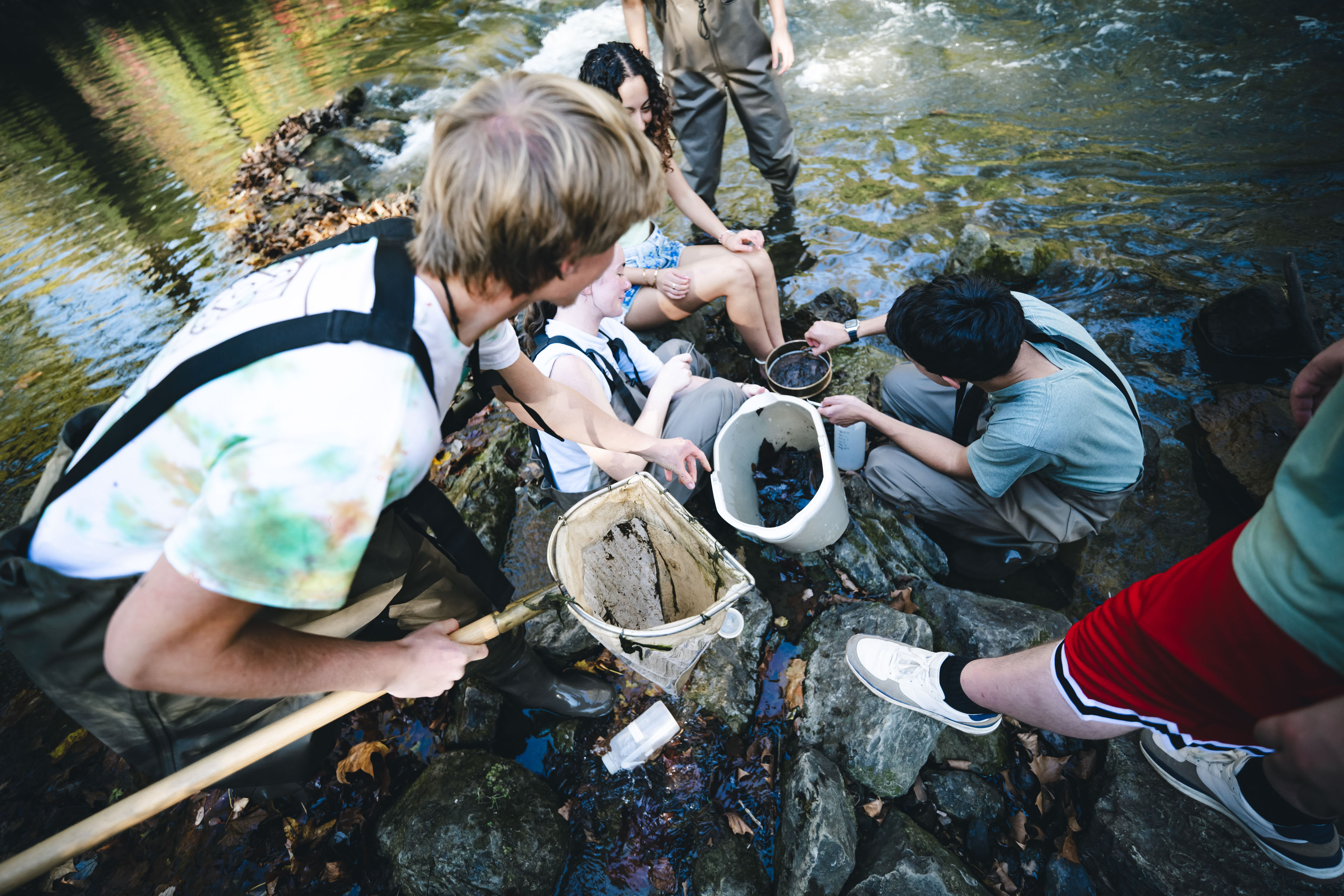 students studying wildlife in the water